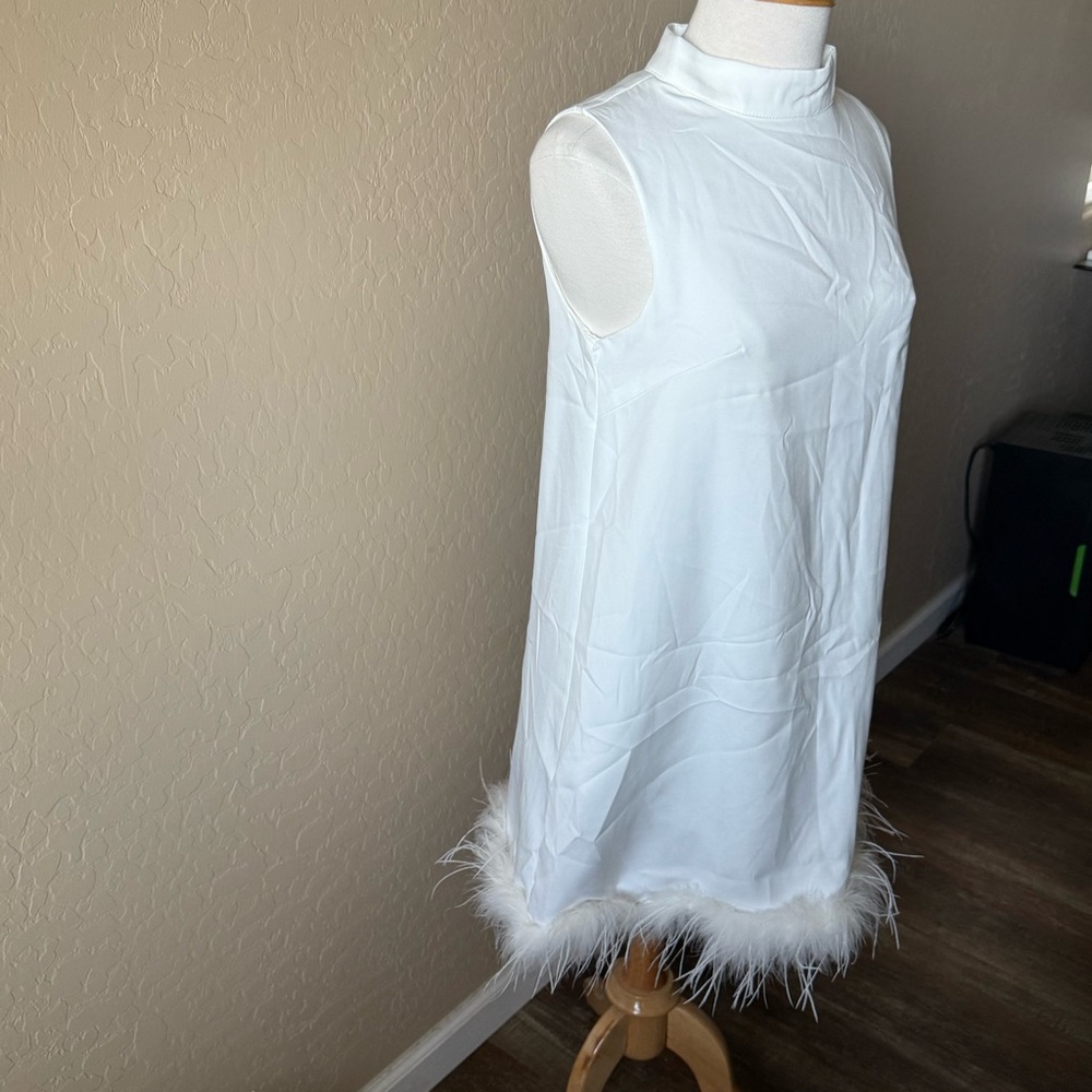 White Feather-Trim Sleeveless Shift Dress